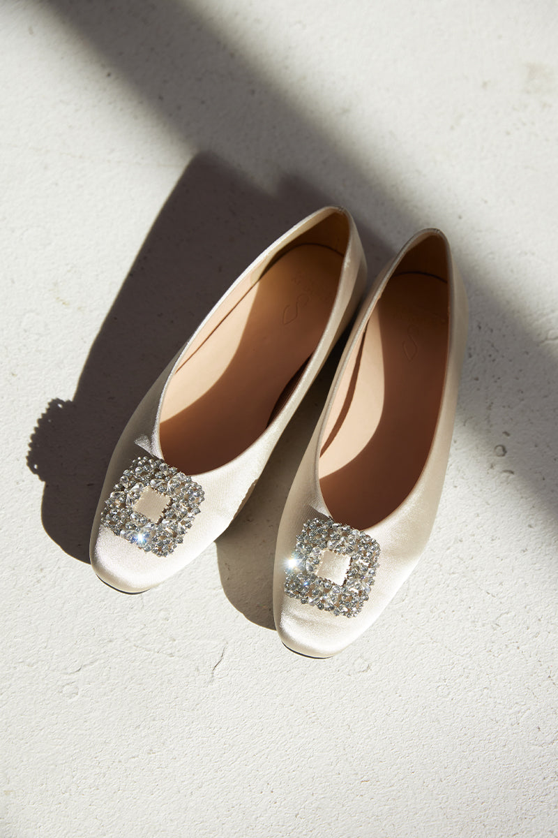 Alix Crystal Embellished Satin Flats in Pale Champagne