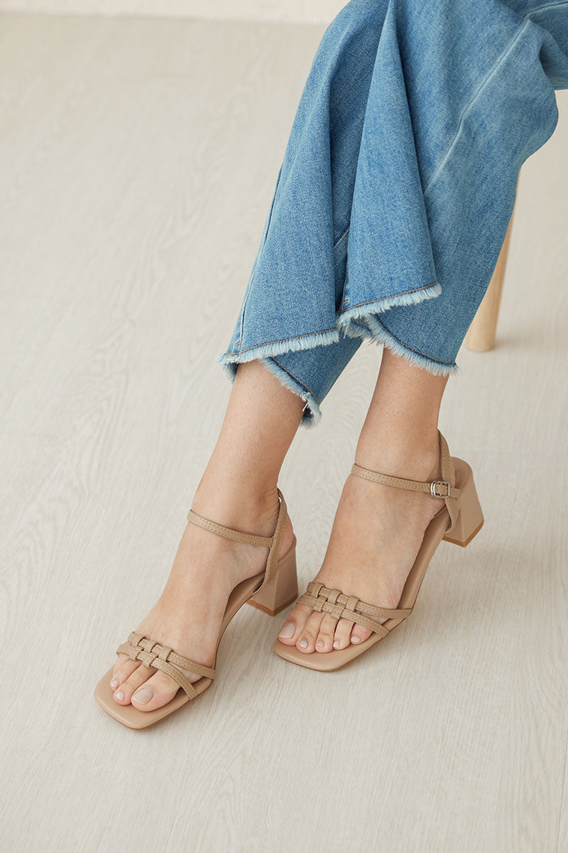 Elestria Puzzle Weaved Strappy Block Heels in Nude