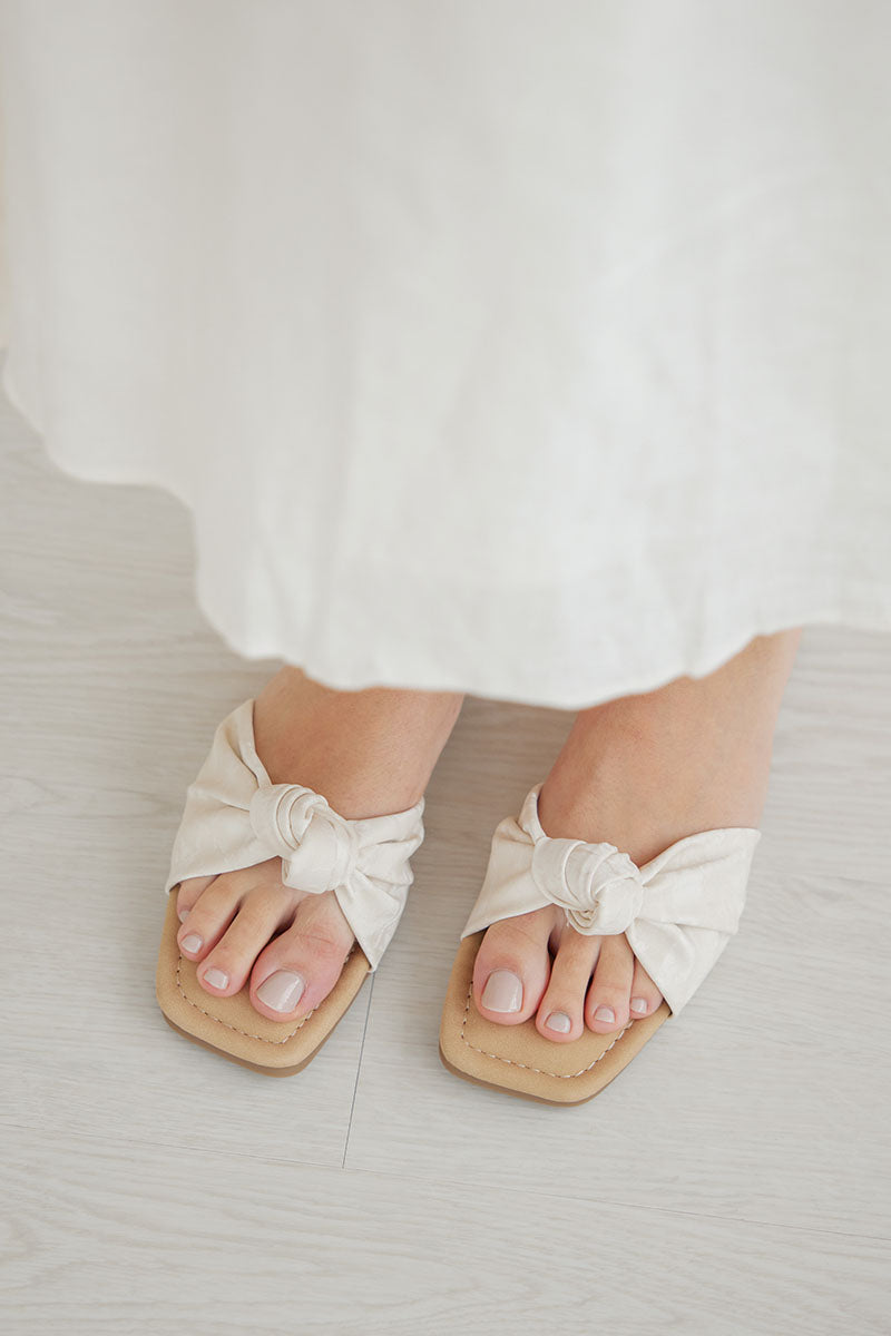 Emmie Knot Sliders in Cream Waterproof Satin