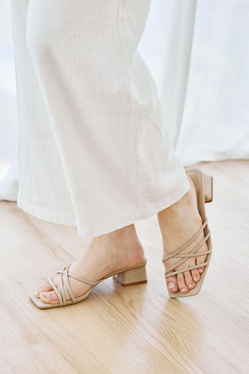 Keely Strappy Block Heels in Taupe Waterproof Suede