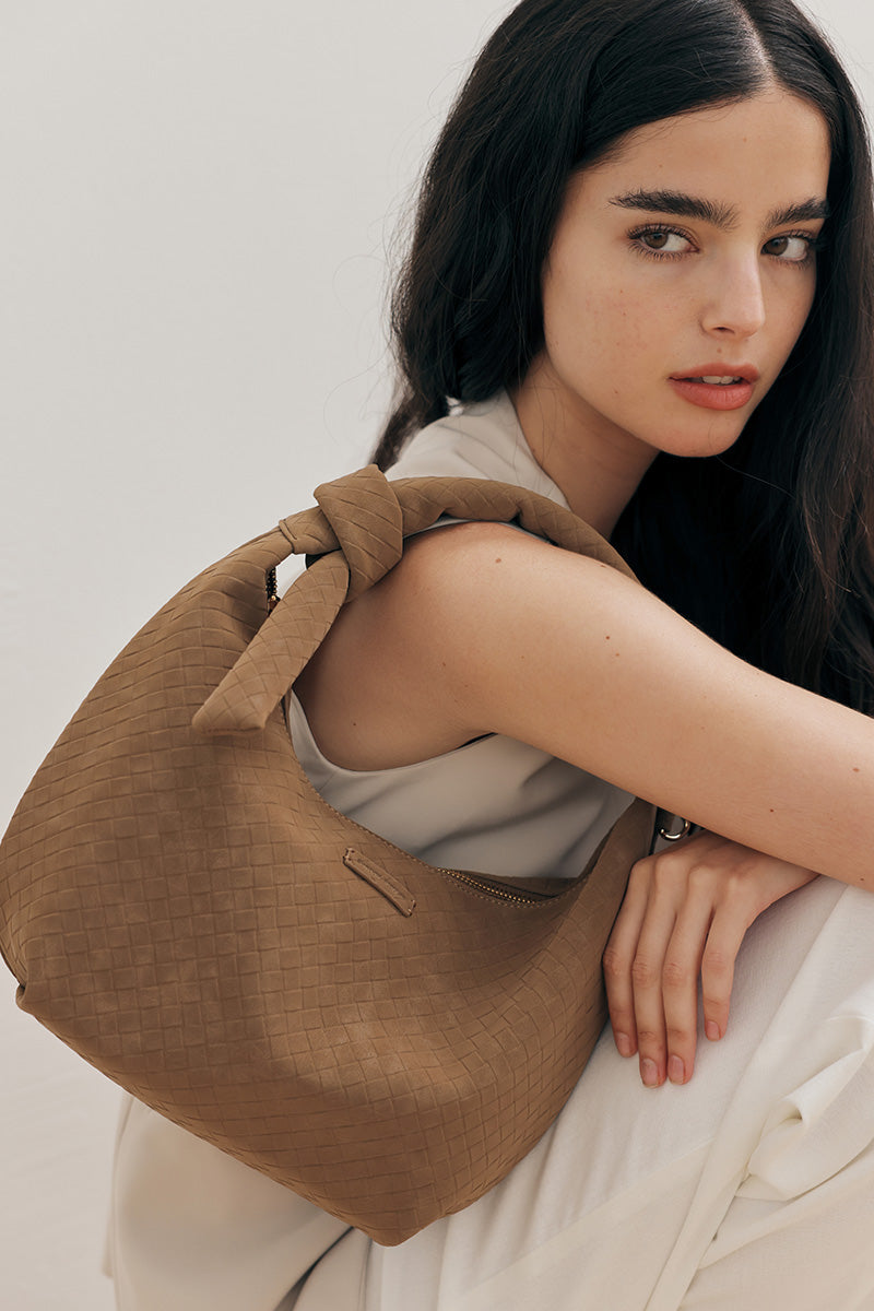 Kyoto Knotted Weaved Shoulder Bag in Camel