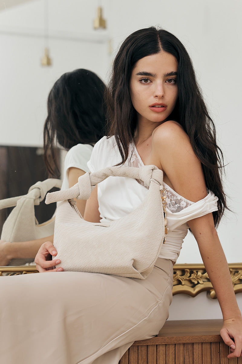 Kyoto Knotted Weaved Shoulder Bag in Cream