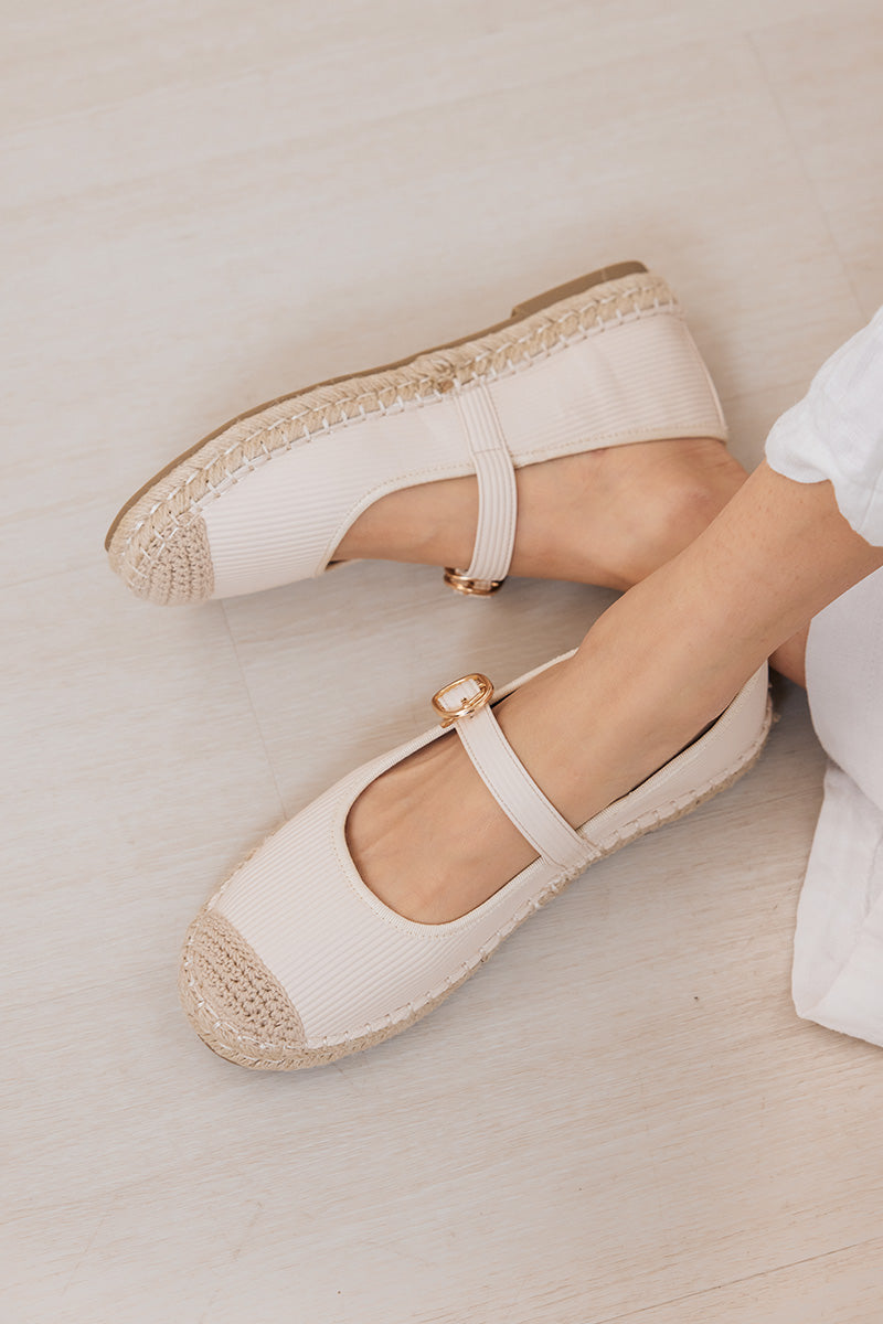 Laurel Espadrille Maryjane Flats in Cream Waterproof Corduroy