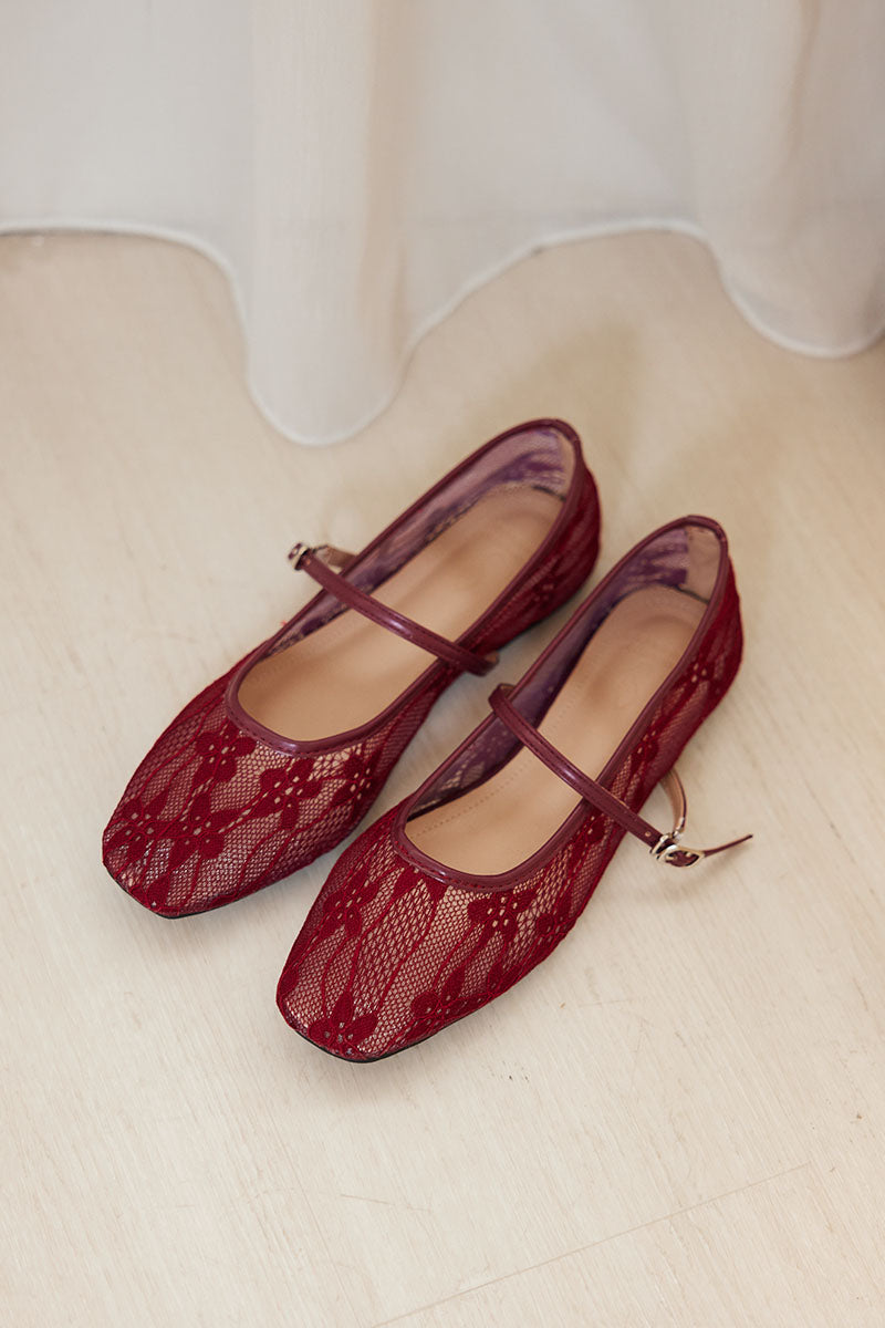 Lunaire Lace Mesh Maryjane Flats in Merlot