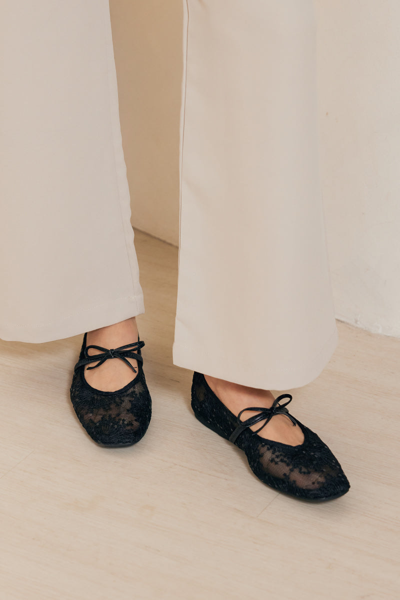 Mirielle Embroided Ribbon Flats in Black
