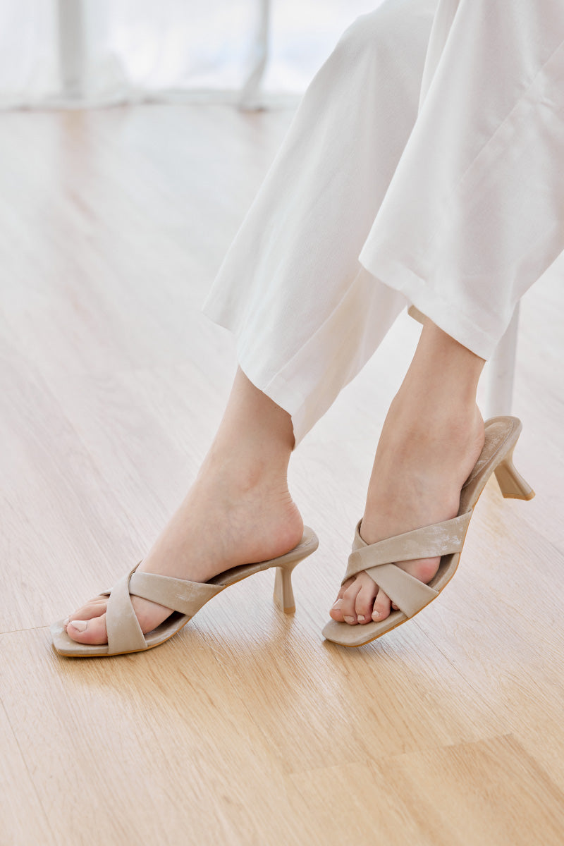 Nadine Criss-cross Heels in Taupe Waterproof Satin