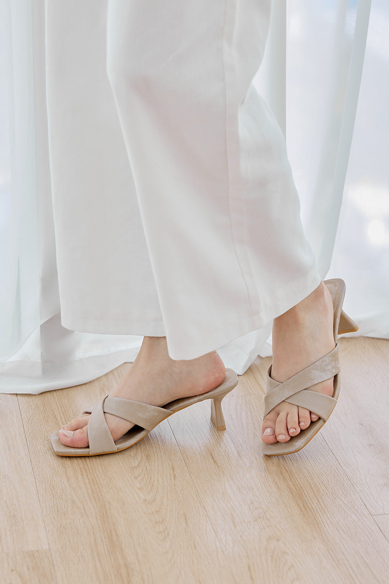 Nadine Criss-cross Heels in Taupe Waterproof Satin