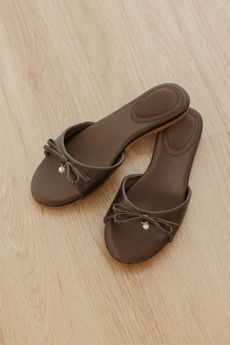 Pearlina Bow Sliders in Brown Waterproof Satin
