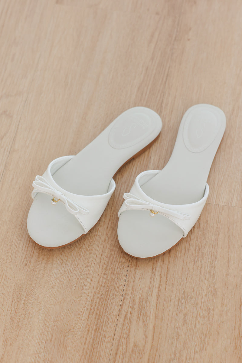 Pearlina Bow Sliders in Cream Waterproof Satin