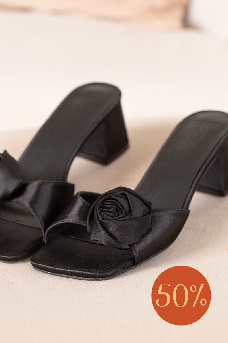 Pippa Satin Flower Heels in Black