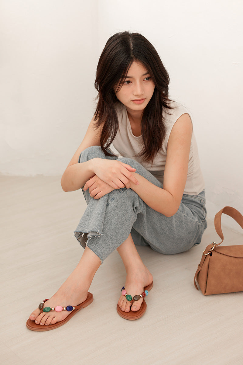 Suri Embellished Thong Sliders in Camel